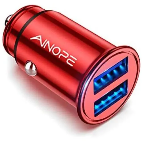 Car Charger, AINOPE 4.8A All Metal Car Charger Adapter Mini Flush Fit USB Car Charger Dual Port Charging Compatible with iPhone 12/11 pro/XR/x/7/6s, iPad Air 2/Mini 3, Note 9/Galaxy S10/S9/S8-Red