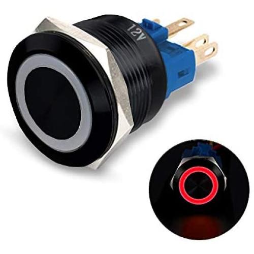 MGI SpeedWare Black Aluminum Push Button Switch 22mm with Socket, 3A 12vDC Ring LED (Latching, Red)
