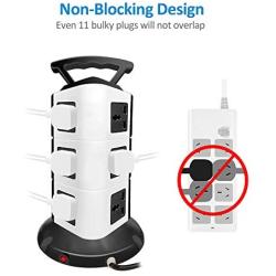Anthenn 6 FT Power Strip Tower Surge Protector 2500W Electric Charging Station with Handle 11 Widely Spaced AC Outlets with 2 USB Slot for Home Office (3 Layer, Black)