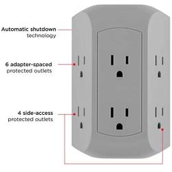 GE UltraPro 6-Outlet Surge Protector Adapter Spaced, 3-Prong Power Strip Wall Tap, Charging Station, Side Access, Gray, 47823