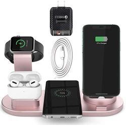 [Upgraded] Wireless Charger, Bonus - QC3.0 Adapter, 6 in 1 Charging Dock Station, USB Swivel Stand for Smart Phones, iPhone 12Pro, Galaxy S10, ​Airpods Pro 2, iWatch 5(Origin Charger REQ`D), Rose Gold