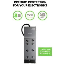 Belkin 8-Outlet Power Strip Surge Protector, Flat Plug, 6ft Cord – Ideal for Computers, Home Theatre, Appliances, Office Equipment (3,550 Joules), Black