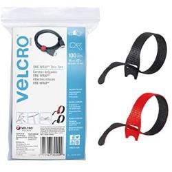 VELCRO Brand Cable Ties, 100Pk - 8 x 1/2'' Red and Black, Reusable Alternative to Zip Ties, ONE-WRAP Thin Pre-Cut Cord Organization Straps, Wire Management for Office or Home, VEL-30200-AMS, Black/Red