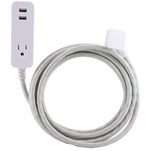 Cordinate Designer 1-Outlet 2-USB Charging Extension Cord with Surge Protection, Gray Braided Décor Fabric Cord, 10 ft, 2.4A USB Charging Ports, with Tamper Resistant Safety Outlets, 37917