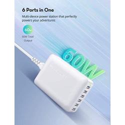 USB Charger RAVPower 60W 12A 6-Port Desktop USB Charging Station with iSmart Multiple Port, Compatible iPhone 12 Mini SE 11 Pro Max XS XR X iPad Pro Air Mini Galaxy S10 Note 10 Tablet(White)