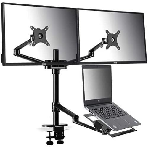 viozon Monitor and Laptop Mount, 3-in-1 Adjustable Triple Monitor Arm Desk Mounts, Dual Desk Arm Stand/Holder for 17 to 27 Inch LCD Computer Screens, Extra Tray Fits 12 to 17 inch Laptops (OL-10T-B)
