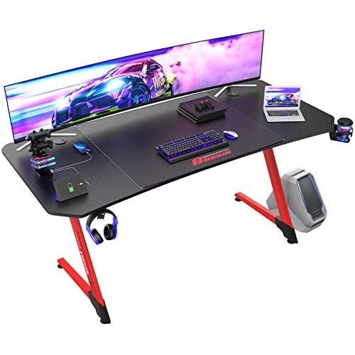 BOSSIN Gaming Desk 63 Inch Z Shaped Computer Desk Racing Style Office Table Gamer Pc Workstation Game Station with Free Mouse Pad, Handle Rack, Cup Holder and Headphone Hook(63inch, Red)