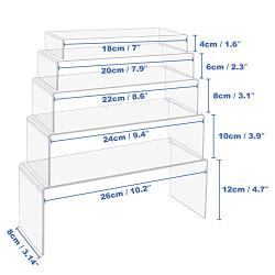 5 Pack Large Clear Acrylic Display Risers, 5 Sizes Acrylic Jewelry Display Riser Shelf Showcase Fixtures for Cake, Candy Display Stand