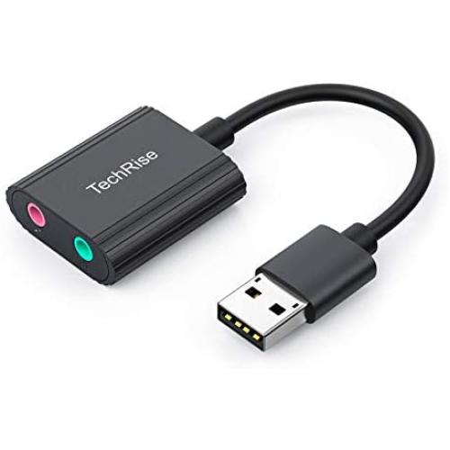 TechRise USB Audio Adapter External Stereo Sound Card with 3.5mm Headphone and Microphone Jack for Windows, Mac, Linux, PC, Laptops, Desktops