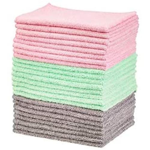 Amazon Basics Green, Gray and Pink Microfiber Cleaning Cloth, 24-Pack