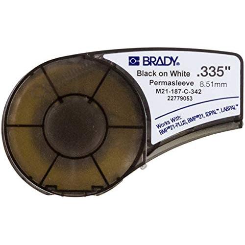 Brady Authentic (M21-187-C-342) PermaSleeve Heat Shrink Tubing for Control Panels, Electrical Panels and Wire Harness Labeling, Black on White material - Designed for BMP21-PLUS and BMP21-LAB Label Printers, .335'' Width, 7 Length