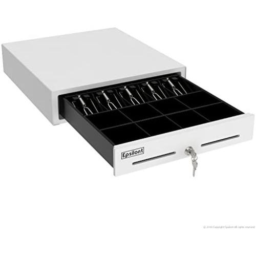 Epsilont Cash Drawer - Printer Driven - Powder-Coated Steel with Roller Bearings 5 Bills 8 Coins with Double Media Slot (16'' x 16'', White)