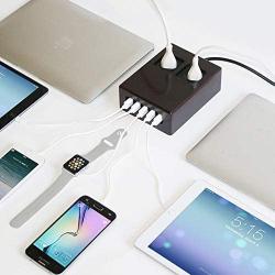 Power Hub 5 USB + 2 AC Charging Station | Built in Surge Protection | Attractive Dependable Table Side Charging Hub | Cherry | Set of 4 Short Cords (Lightning)