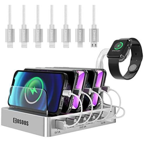 USB Charging Station for iPhone,COSOOS Charger Station with 5 lPhone Charger,1 Type-C,1 Micro Cable,iWatch Stand,6-Port Charging Station for Multiple Devices,iPad,Kindle(Silver White)