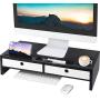 Monitor Stand Riser with Drawers,Desk Organizer with Keyboard Storage,Computer Accessories Sturdy Laptop Cellphone TV Printer Stand for Home & Office Use,22” Lx 10.6”W x 4.8”H,Black