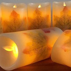 Flameless Candles Light, VEEKI Battery Candles Warm White Flameless Pillar Candles Moving Wick Flameless Candles Flickering Led Candles with Remote Control Timer Decorative Candles (Maple Leaf)
