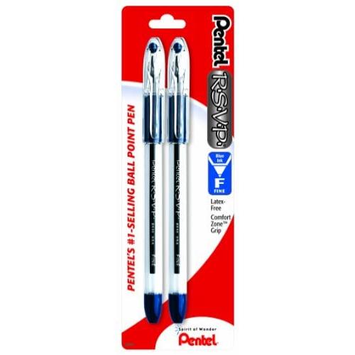 Pentel R.S.V.P. Ballpoint Pen, Fine Line, Blue Ink, 2 Pack (BK90BP2C)