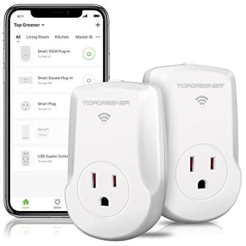 TOPGREENER Smart Plug with Energy Monitoring, 15A, 1800W, No Hub Required, Works with Alexa and Google Assistant, 2-Pack
