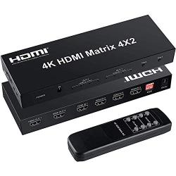 FERRISA 4x2 HDMI Matrix Switch,4 in 2 Out Matrix HDMI Video Switcher Splitter +Optical & L/R Audio Output,Support Ultra HD 4K x 2K,3D 1080P,Audio EDID Extractor with IR Remote Control & Power Adapter