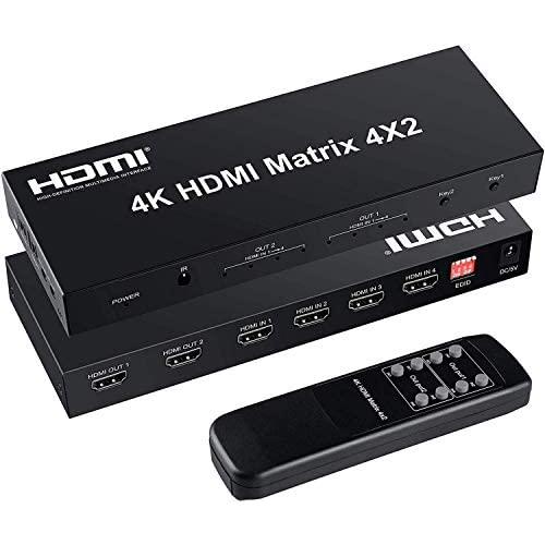 FERRISA 4x2 HDMI Matrix Switch,4 in 2 Out Matrix HDMI Video Switcher Splitter +Optical & L/R Audio Output,Support Ultra HD 4K x 2K,3D 1080P,Audio EDID Extractor with IR Remote Control & Power Adapter