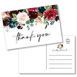 50 Thank You Postcards - Burgundy Floral (50-Cards) Stationery Set for Wedding, Bridesmaid, Bridal Baby Shower, Teachers, Appreciation, Religious, Business, Holidays