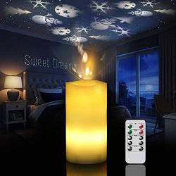 Wondise Flameless Snowman Projection Candle Battery Operated with Remote Timer, Real Wax Flickering LED Pillar Candle Rotating Snowflake Night Light Projector for Christmas Decoration(3.2 x 6 Inches)