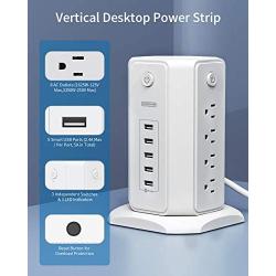 Power Strip Tower, NTONPOWER Surge Protector Power Strip Flat Plug Extension Cord 6ft, 8 Outlet 5 USB Desktop Charging Station, Individual Switches, UL Listed, 1080 J, Circuit Breaker, for Home Office