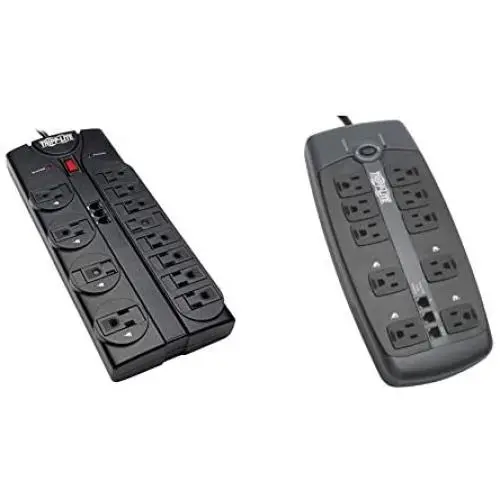 Tripp Lite 12 Outlet Surge Protector Power Strip, 8ft Cord, Right-Angle Plug, Tel/Modem Protection, RJ11, Black & 10 Outlet Surge Protector Power Strip, 8ft Cord, Tel/DSL Protection, RJ11,(TLP1008TEL)