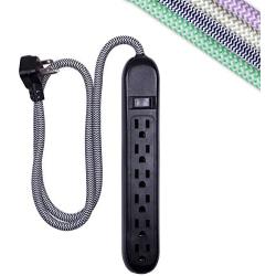 Cordinate 6-Outlet Surge Protector, Power Strip, Flat Plug, Braided Cord, Decorative, 3 ft Power Cord, Wall Mount, Tangle-Free, Warranty, Black, 41637