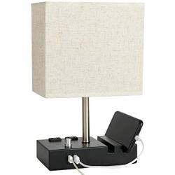 Bedside Lamp with USB Port and Outlet,Simba&Coco Table Lamp with 2 Phone Stands, Beige Fabric Shade,Fully Dimmable Nightstand Lamp for Living Room ,Bedrooms