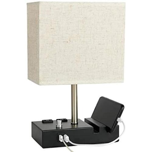 Bedside Lamp with USB Port and Outlet,Simba&Coco Table Lamp with 2 Phone Stands, Beige Fabric Shade,Fully Dimmable Nightstand Lamp for Living Room ,Bedrooms