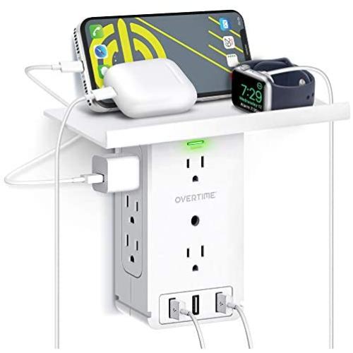 Socket Shelf Wall Outlet Power Charger and Surge Protector with 8 AC Outlets and 3 USB Ports, Electrical Outlet Extender with Shelf Holder for iPhone/Android/Gaming/Appliances - White