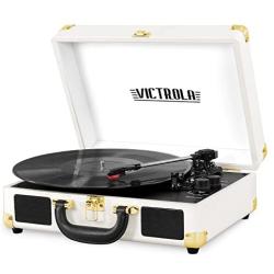 Victrola Vintage 3-Speed Bluetooth Portable Suitcase Record Player with Built-in Speakers | Upgraded Turntable Audio Sound| Includes Extra Stylus | White (VSC-550BT-WH)