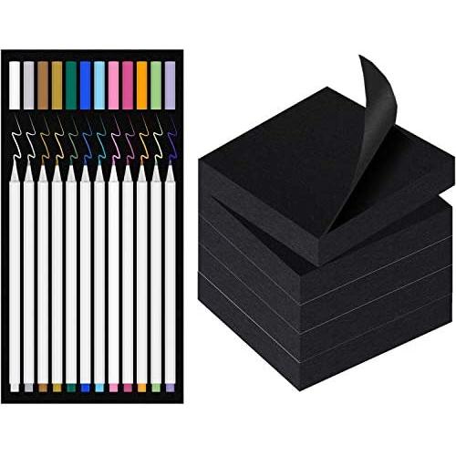 Black Sticky Notes (500 ct) + Metallic Paint Pen Markers for Black Paper (12 Color incl. white) - 3'' x 3'' Black Notes, 5 Pads, 100 Sheets each. Metallic Paint Pens, Similar to Gel Pens for Black Paper