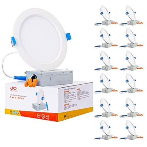 JJC 6 Inch Ultra Thin Led Recessed Lighting with Junction Box,5000K Daylight White, CRI90+, IC Rated,850 Lumens 13W 65W Eqv. Dimmable Led Downlight ETL and Energy Star Certified- Pack of 12