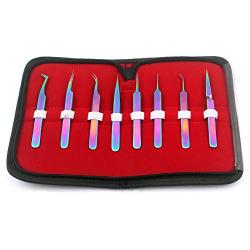 OdontoMed2011 Set of 8 Pieces Rainbow Titanium Precision Non-Magnetic Anti-Static ESD Tweezers Stainless Steel Forceps for Electronics, Jewelry-Making, Laboratory Work Jewelry-Making, Laboratory Work