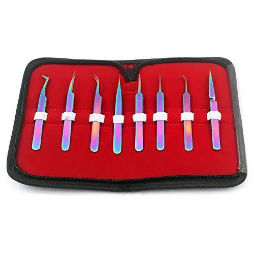 OdontoMed2011 Set of 8 Pieces Rainbow Titanium Precision Non-Magnetic Anti-Static ESD Tweezers Stainless Steel Forceps for Electronics, Jewelry-Making, Laboratory Work Jewelry-Making, Laboratory Work