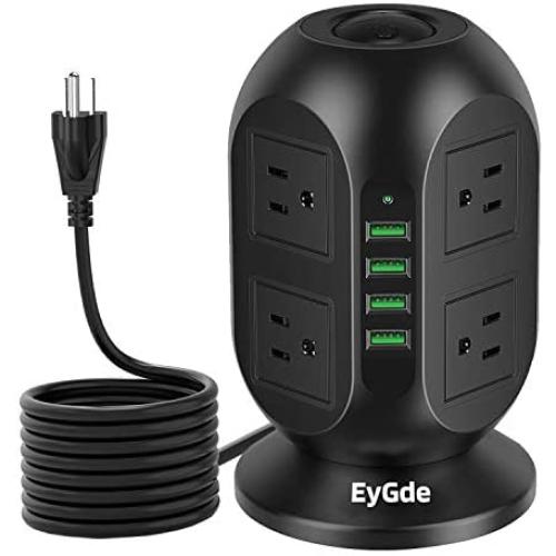 EyGde Power Strip Tower Surge Protector, Multi Plug Outlet with 10Ft Long Extension Cord, 8 AC Outlets 3.1A 4 USB Ports Charging Station for Home Office Dorm Room