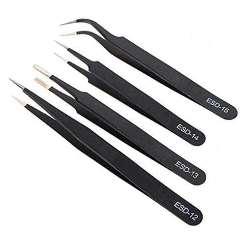 AnFun 4 Pieces ESD Tweezers Set Anti-Static Tweezers Stainless Steel Tweezers for Eyelash Extension,Electronics, Jewelry-making - Straight and Curved Tip Tweezers