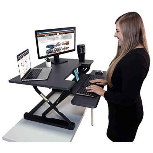 Victor DCX710G High Rise Collection Height Adjustable Standing Desk with Keyboard Tray (Gray) - Sturdy Steel Frame, Dual Lever Release System, 2 Tiered Wooden Work Surface and Keyboard Tray