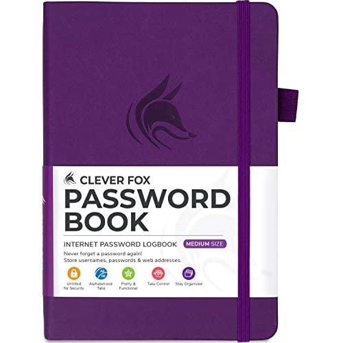 Clever Fox Password Book with tabs. Internet Address and Password Organizer Logbook with Alphabetical tabs. Medium Size Password Keeper Journal Notebook for Computer & Website Logins (Purple)