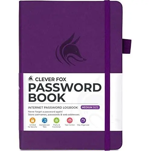 Clever Fox Password Book with tabs. Internet Address and Password Organizer Logbook with Alphabetical tabs. Medium Size Password Keeper Journal Notebook for Computer & Website Logins (Purple)