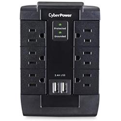 CyberPower CSP600WSU Surge Protector, 1200J/125V, 6-AC Swivel Outlets, 2 USB Charging Ports, Wall Tap Design Black Version