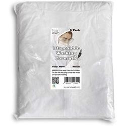 AMZ Disposable Overalls. Pack of 5 White Adult Overalls X-Large Size. Laminated Non-Woven Fabric Apparel with Attached Hood, Zipper Front Entry, Elastic Wrists, Elastic Ankles. Unisex Poly Clothing.