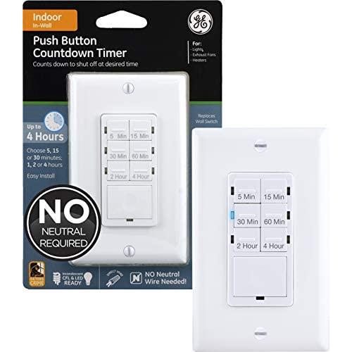 GE Push-Button Countdown Timer Switch, 5-15-30 Minute/1-2-4 Hour, ON/Off, No Neutral Wire Needed, Ideal for Lights, Exhaust Fans, Heaters, Wall Plate Included, 15318