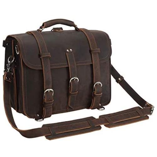 Polare Mens Full Grain Leather 16 Briefcase Shoulder Messenger Bag Fit 15.6 Laptop