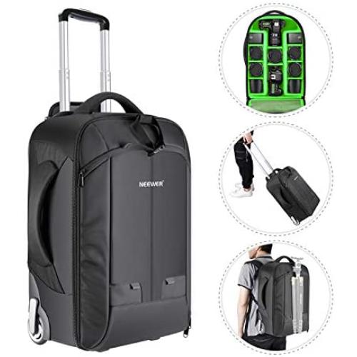 Neewer 2-in-1 Convertible Wheeled Camera Backpack Luggage Trolley Case with Double Bar, Anti-Shock Detachable Padded Compartment for SLR/DSLR Cameras, Tripod, Lens and Other Accessories (Black/Green)