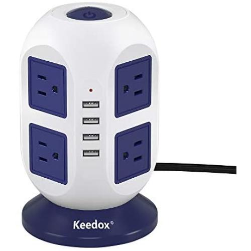 Keedox Power Strip Tower Surge Protector, 8 Outlet 4 USB Ports Electric Charging Station, Multi Plug Outlet with 10Ft Long Extension Cord