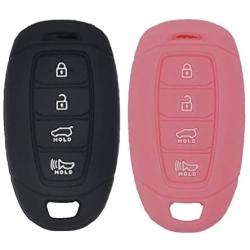WEIBISS 2pcs 4 Buttons Key Fob Cover Case Protector Shell Remote Jacket Keyless Entry Holder Bag for Hyundai Kona Azera Grandeur IG, Black Pink