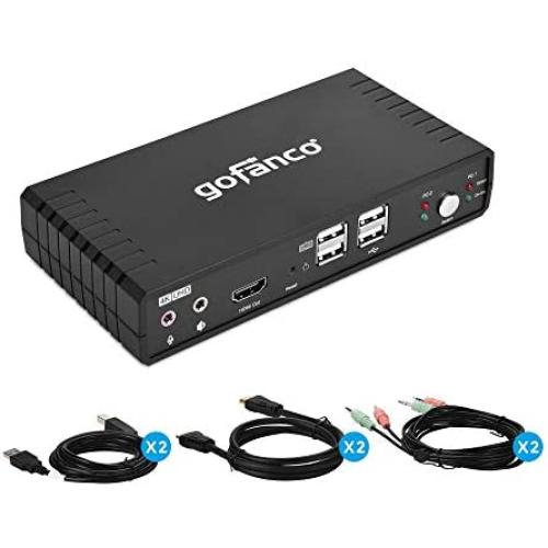 gofanco Single Monitor HDMI 2.0 KVM Switch (2 Port) – 4K 60Hz 4:4:4, 18Gbps, HDCP 2.2, Keyboard & Mouse Switcher with USB 2.0 Hub and Audio, Mic in/Stereo Out, Hotkey Switching, Cables Included